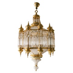 1970s Orientalist Style Ceiling Lamp in Gilded Brass and Crystal