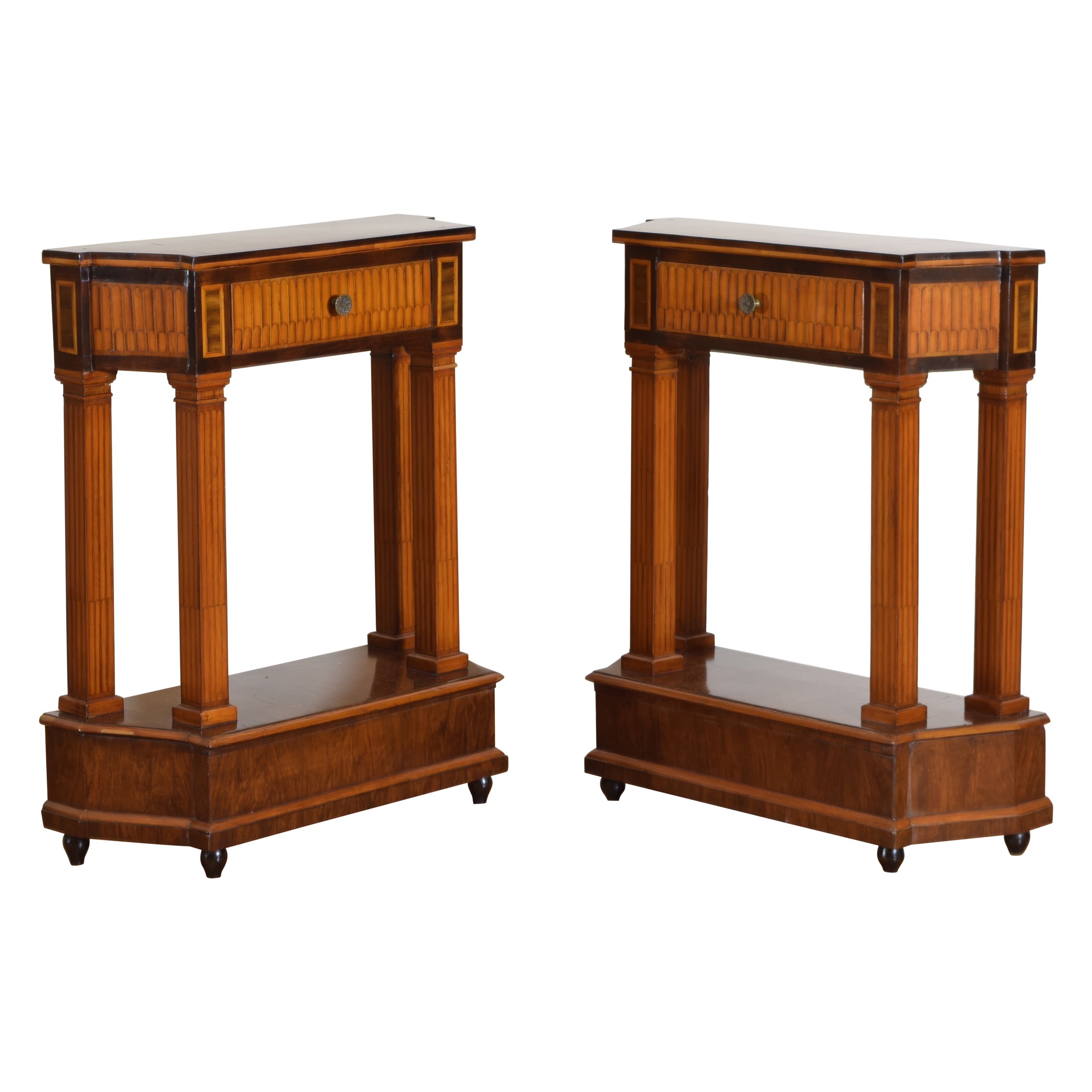 Pair Italian Neoclassical Style Walnut & Mixed Veneer 1-Drawer Cabinets ca. 1900