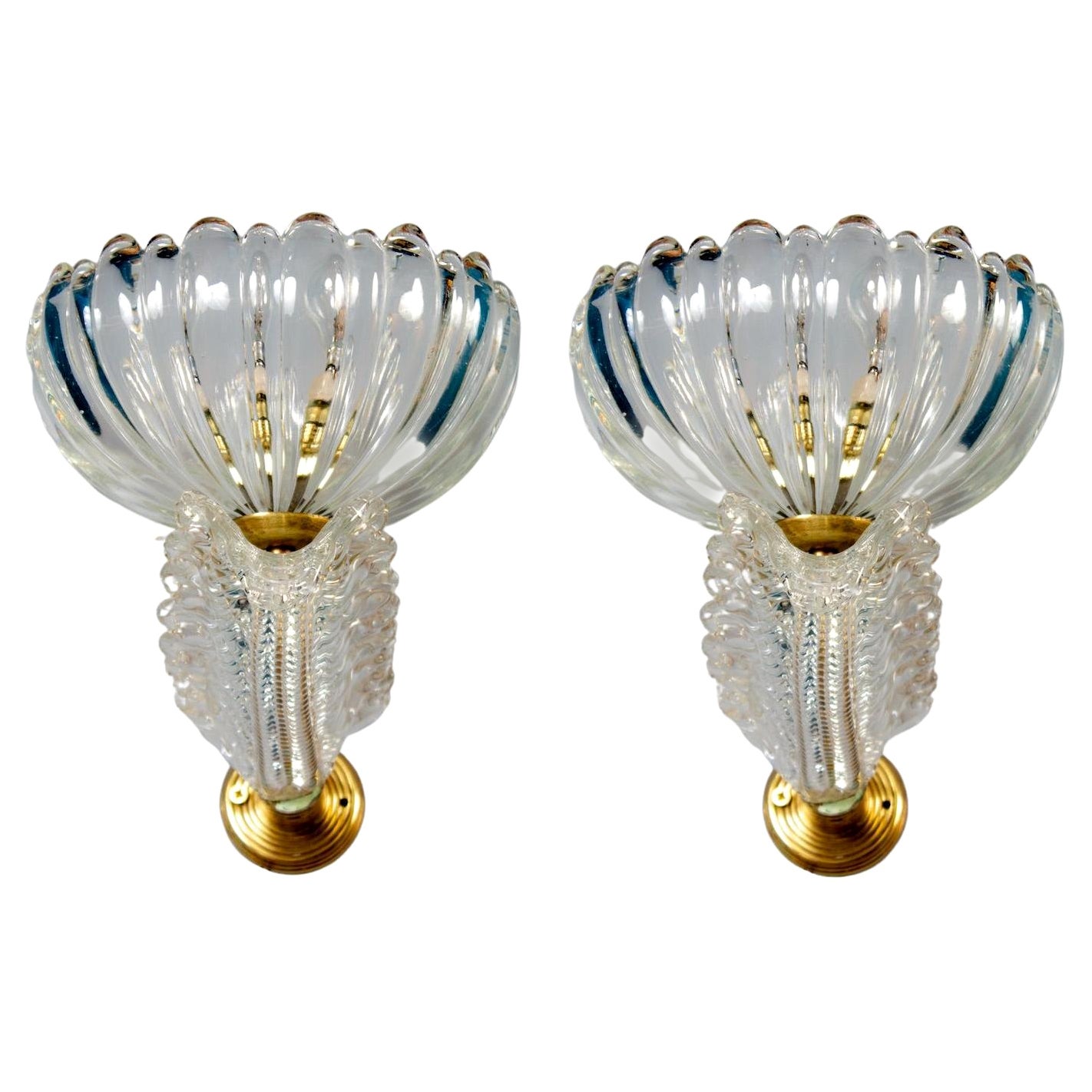 Pair of Barovier Art Deco Brass Mounted Murano Glass Sconces, 1940