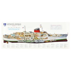 Poster originale d'epoca del transatlantico SS Antilles CGT Linea Francese Dettagli nave