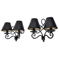 1940 French 2 Lights Wrought Iron Wall Sconces Black Gloss Finish Art Deco, Pair