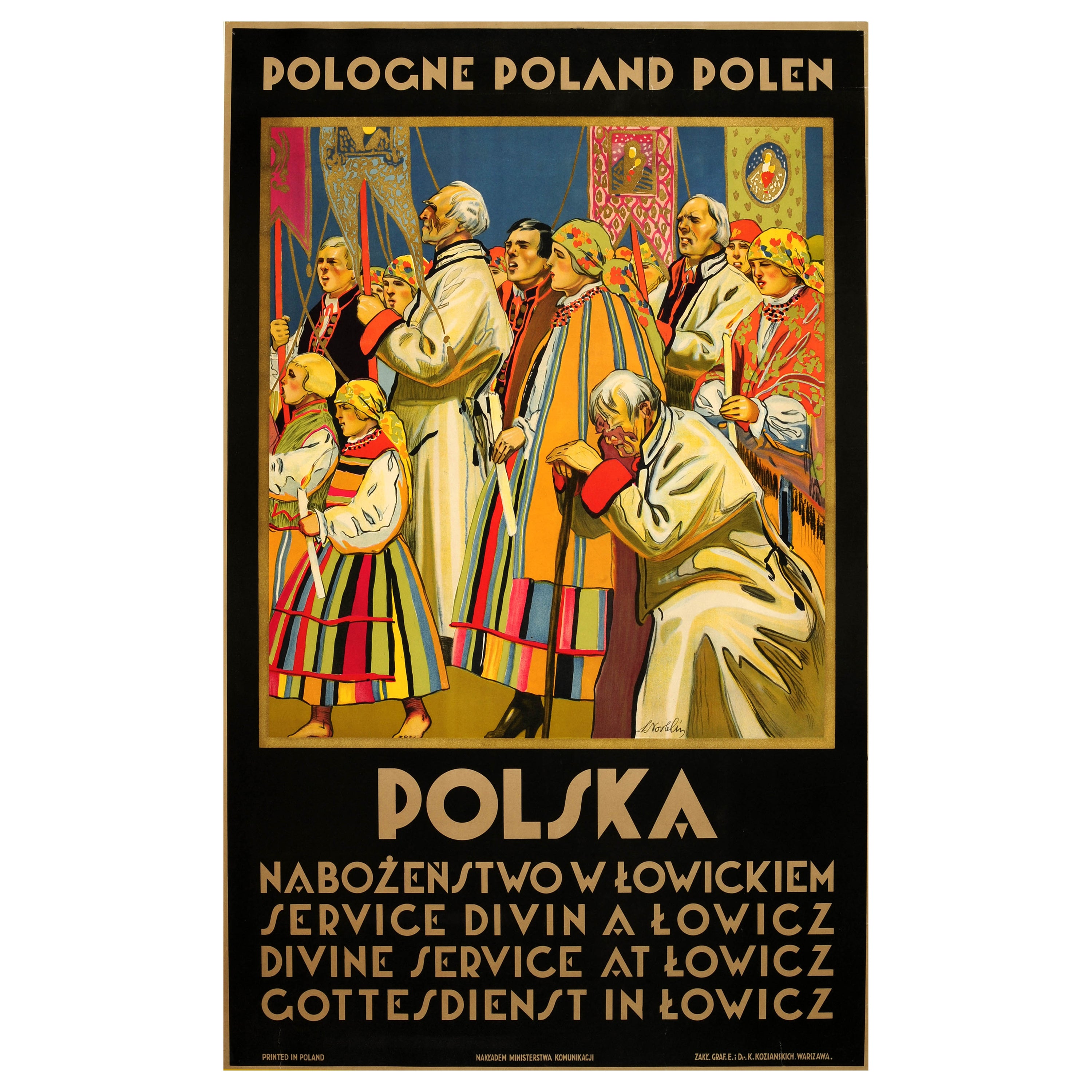 Affiche rétro originale de voyage Pologne Polska Divine Service At Lowicz Procession en vente