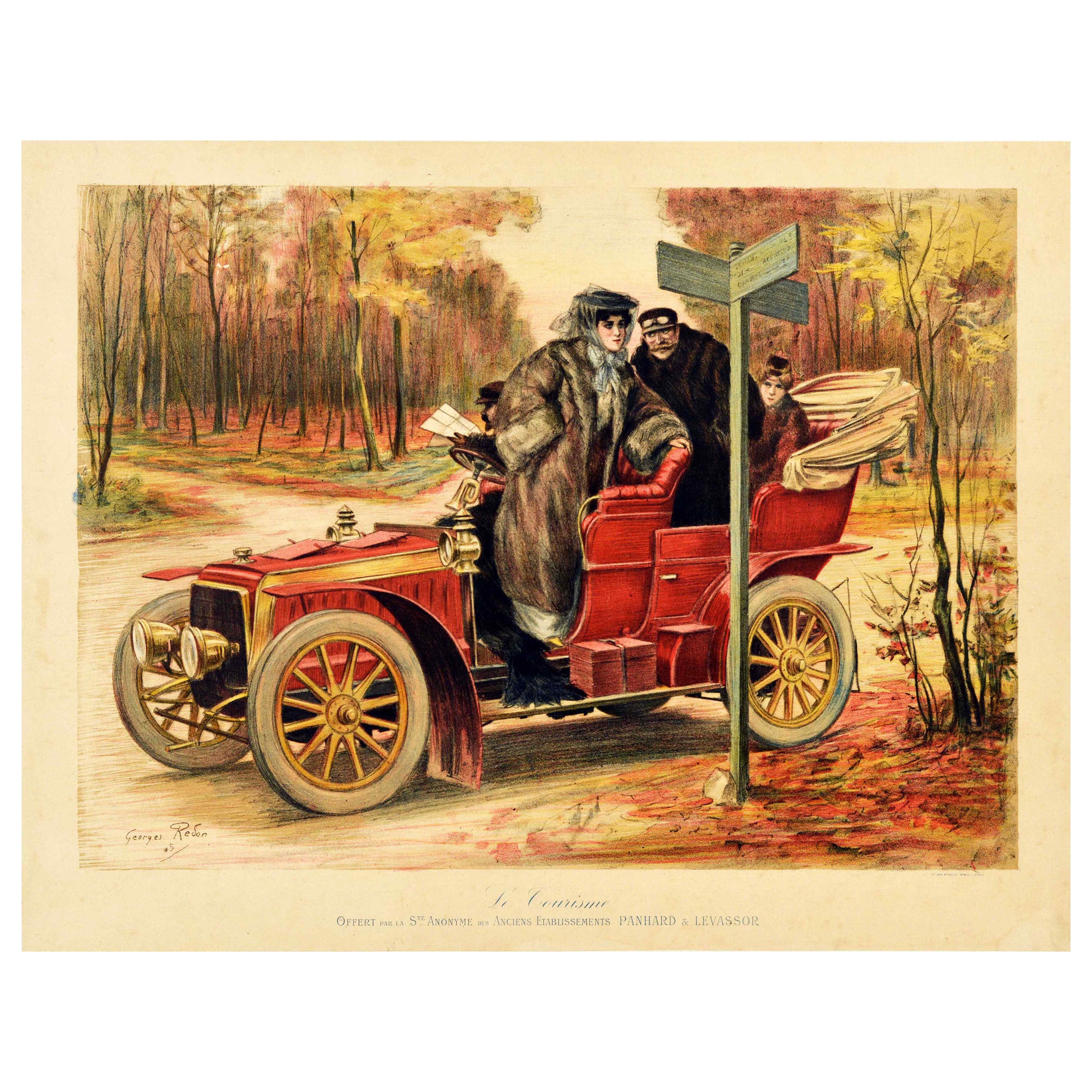Original Antique Poster Le Tourisme Automobile Road Trip Travel Classic Car Art For Sale