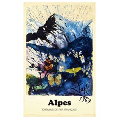 Original Vintage Railway Travel Poster Alpes Dali Surrealism Alps Butterfly Art