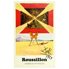 Original Vintage Railway Travel Poster Roussillon Dali Surrealism Butterfly Art