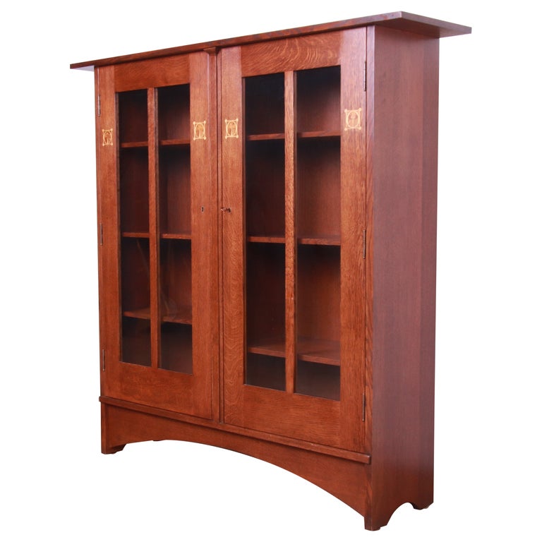 Inlaid Oak Glass Front Bookcase, Arts And Crafts Bookcase Plans