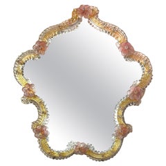 Beautiful Murano Glass Wall Mirror Pink Flowers and Clear Glass, Italy 1960s