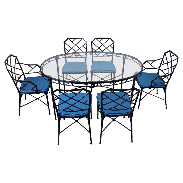 Aluminum Faux Bamboo Patio Table and Six Chairs by Brown Jordan at