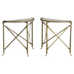 Continental Neoclassical Style Pair of Brass & Marble Demilune Console Tables