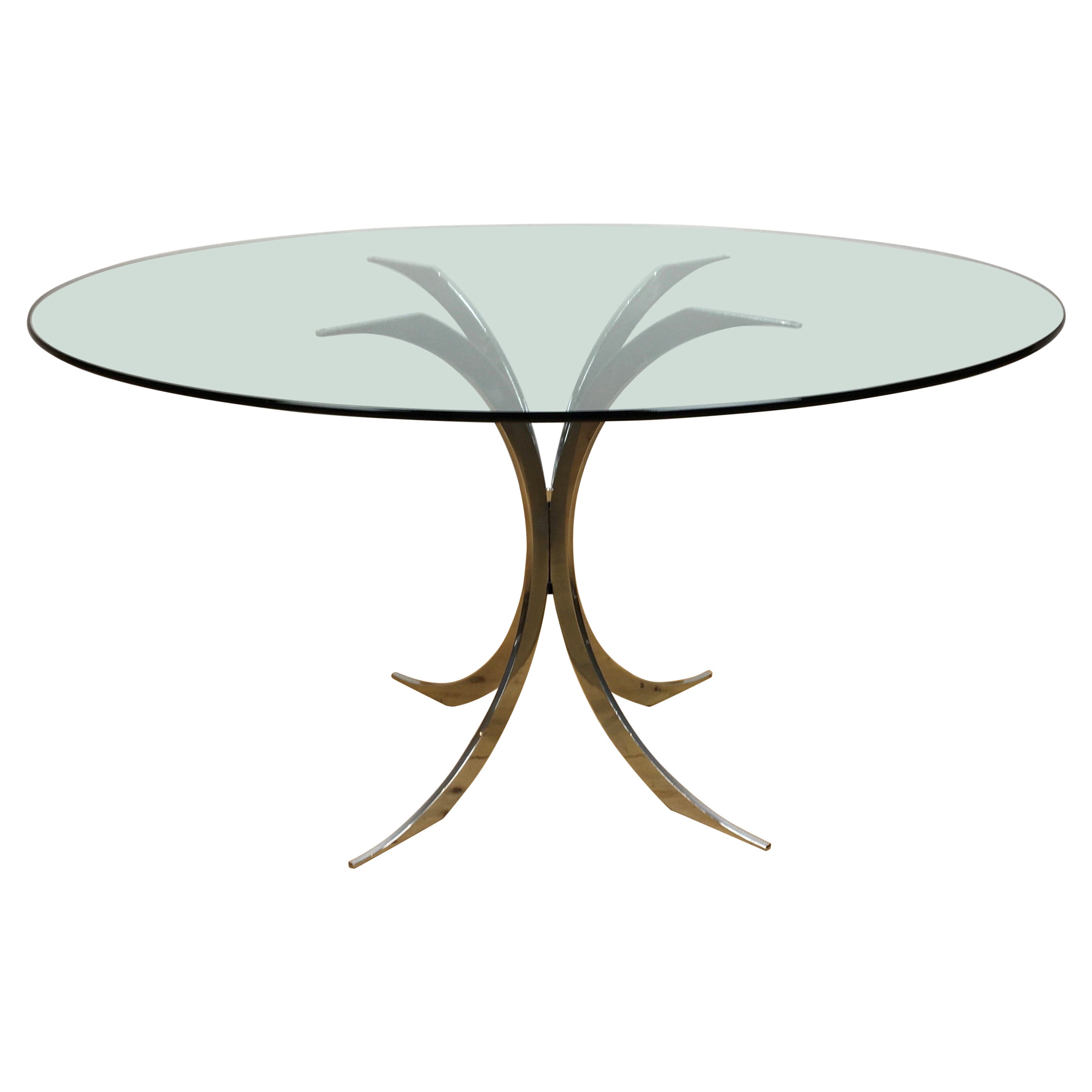 FourLegged Chrome Base Round Dining Table with White Quartz Top by