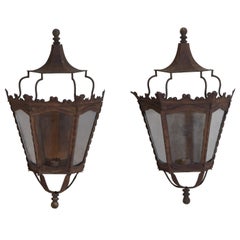 Antique Italian Late Neoclassic Iron, Metal, & Mirrored Lantern-Form Sconces, Mid-19th C
