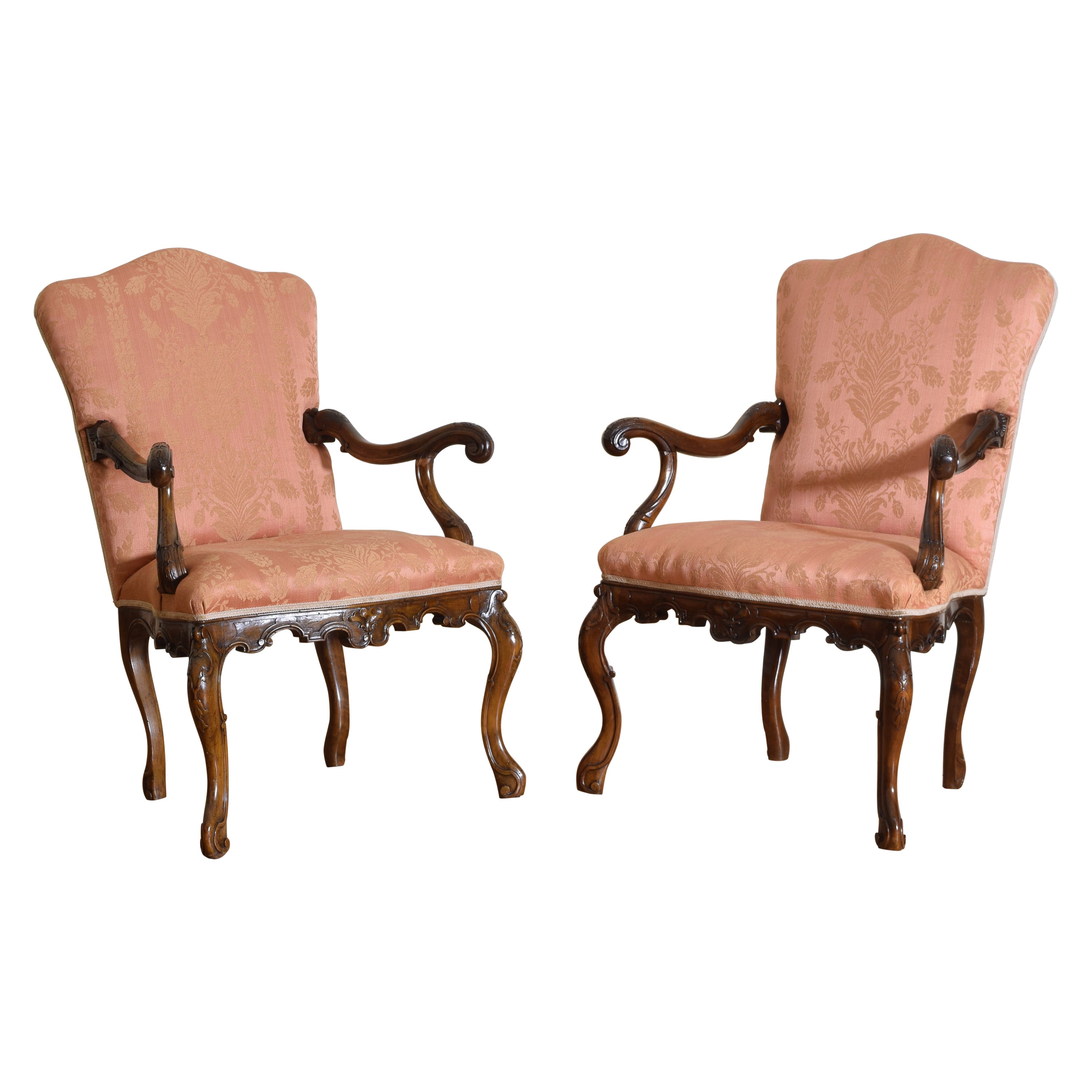 Italian Rococo Pair of Carved Walnut Armchairs