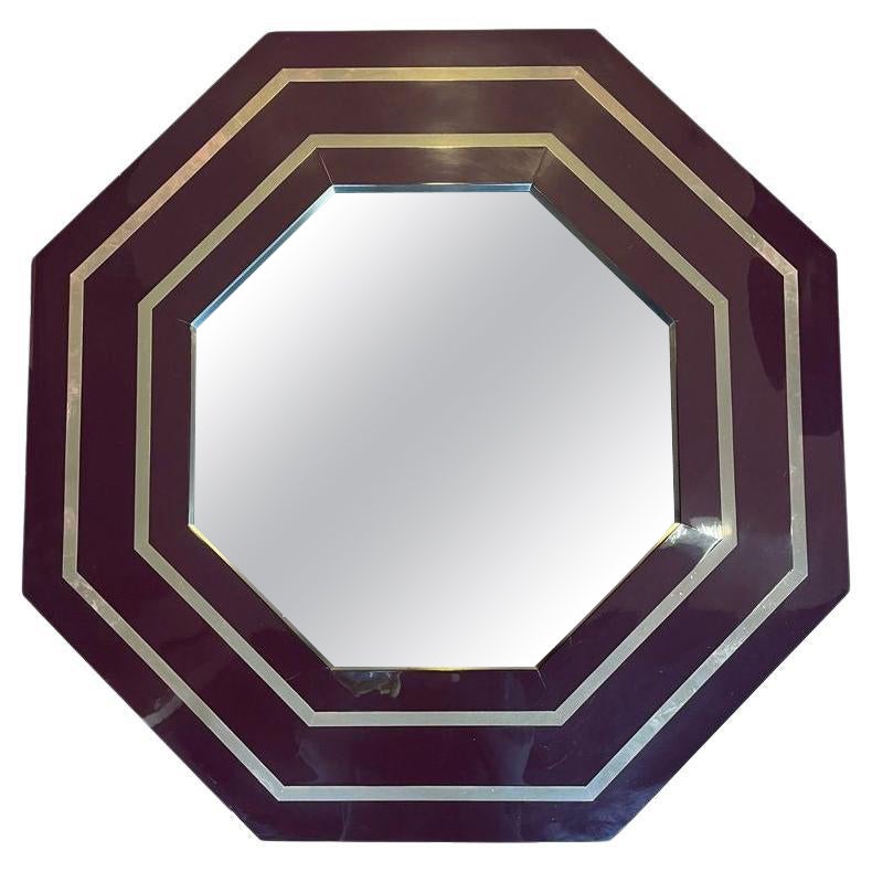 Miroir octogonal de Jean Claude Mahey des années 1970 avec cadre incrusté de laiton