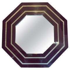 1970s Octagonal Mirror by Jean Claude Mahey with Brass Inlay Frame