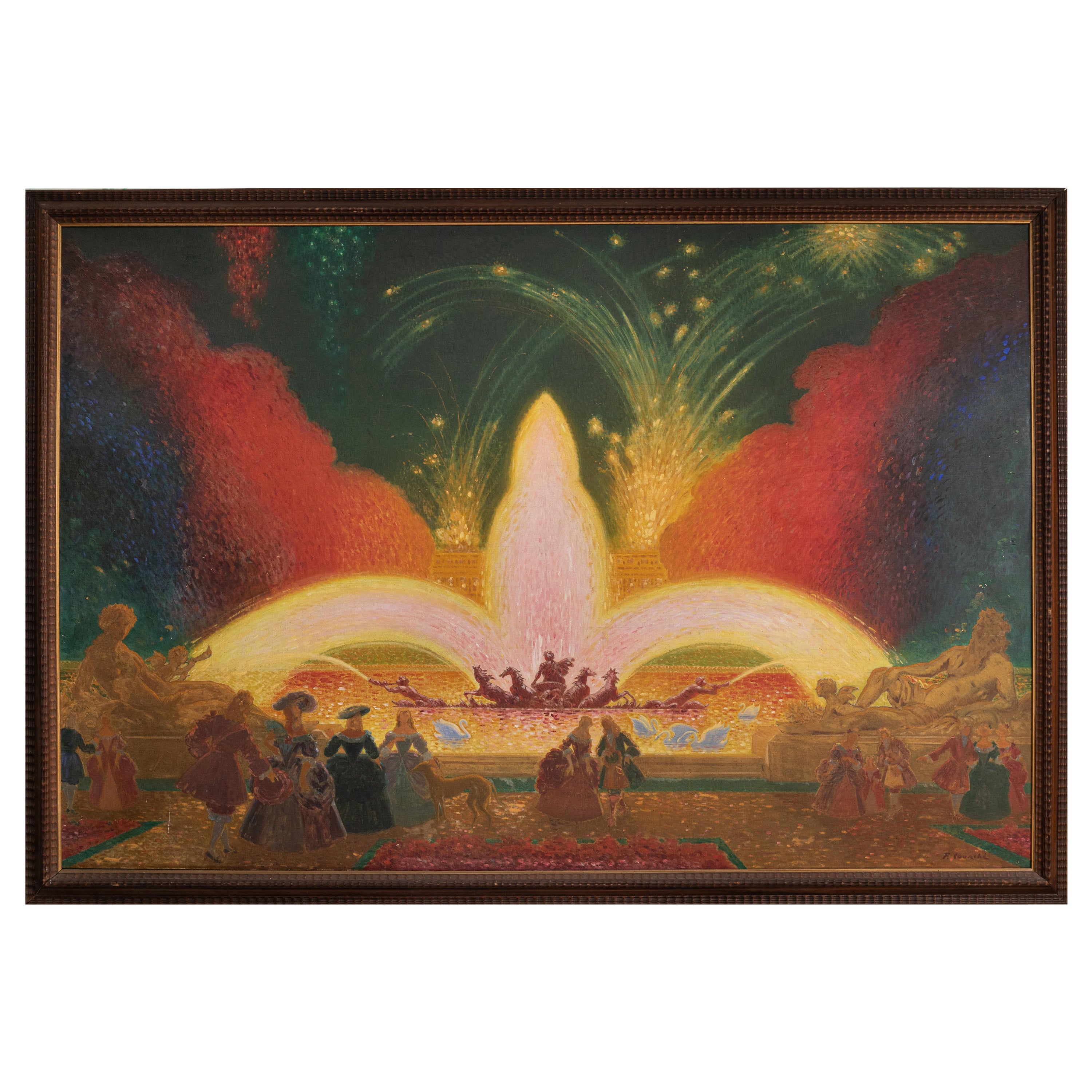 Felix Courché - Feux d'Artifices 'Fireworks' - Versailles -Oil on Canvas For Sale