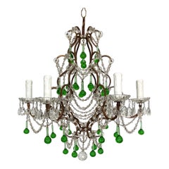 Vintage Italian Crystal Chandelier with Green Murano Drops