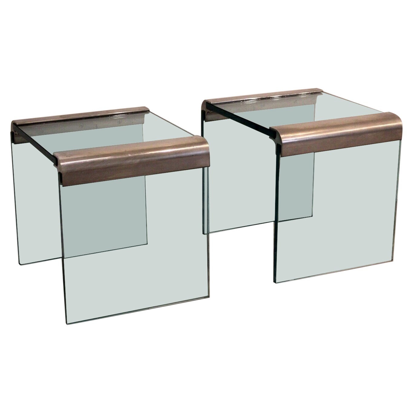 Pair of Mid Century Modern Pace Chrome & Glass Waterfall Side End Tables