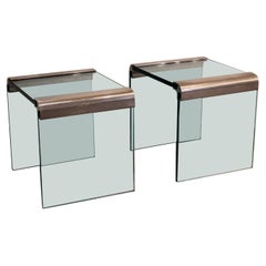 Vintage Pair of Mid Century Modern Pace Chrome & Glass Waterfall Side End Tables