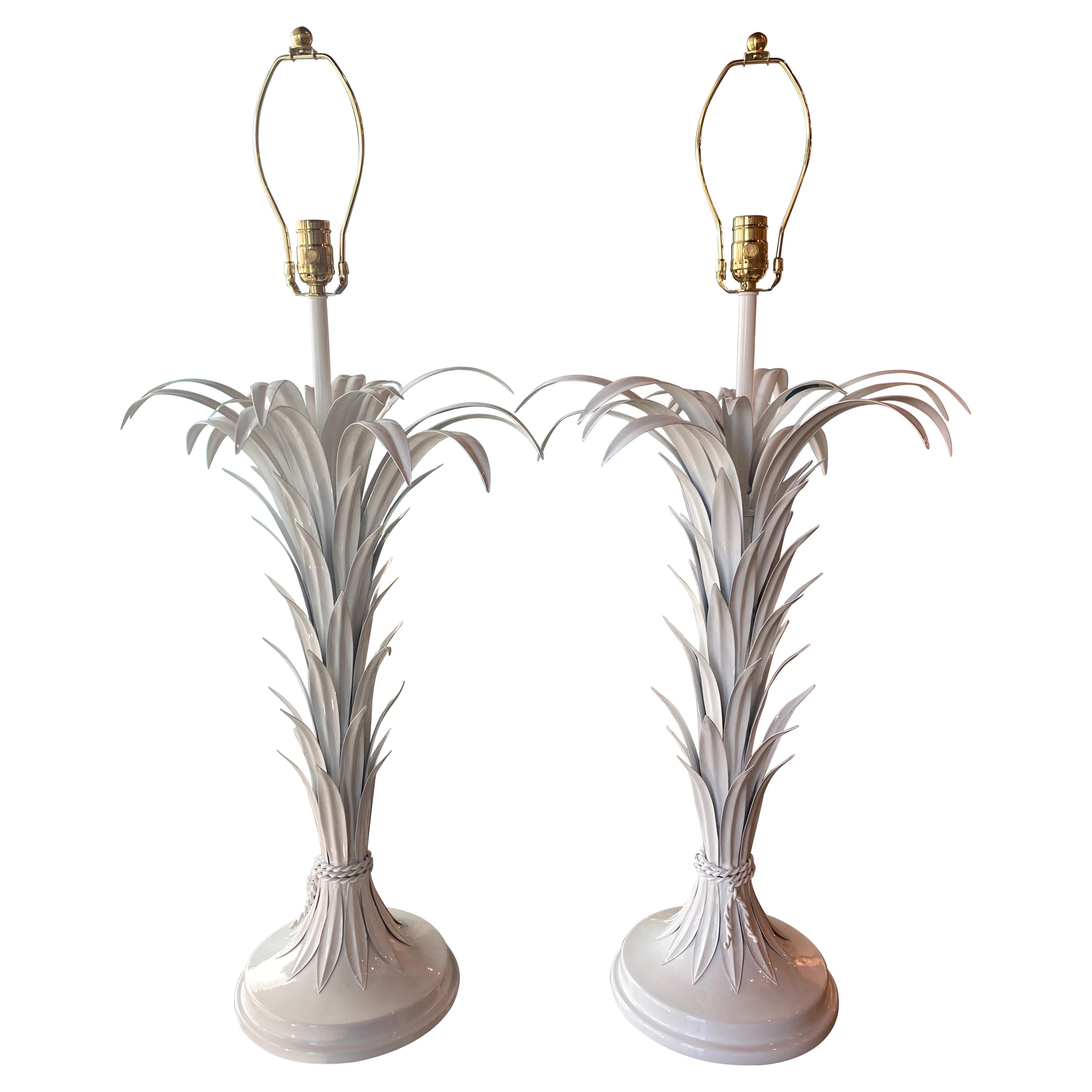 Vintage Pair Metal Tole Palm Leaf Leaves Frond Table Lamps Style of Serge Roche