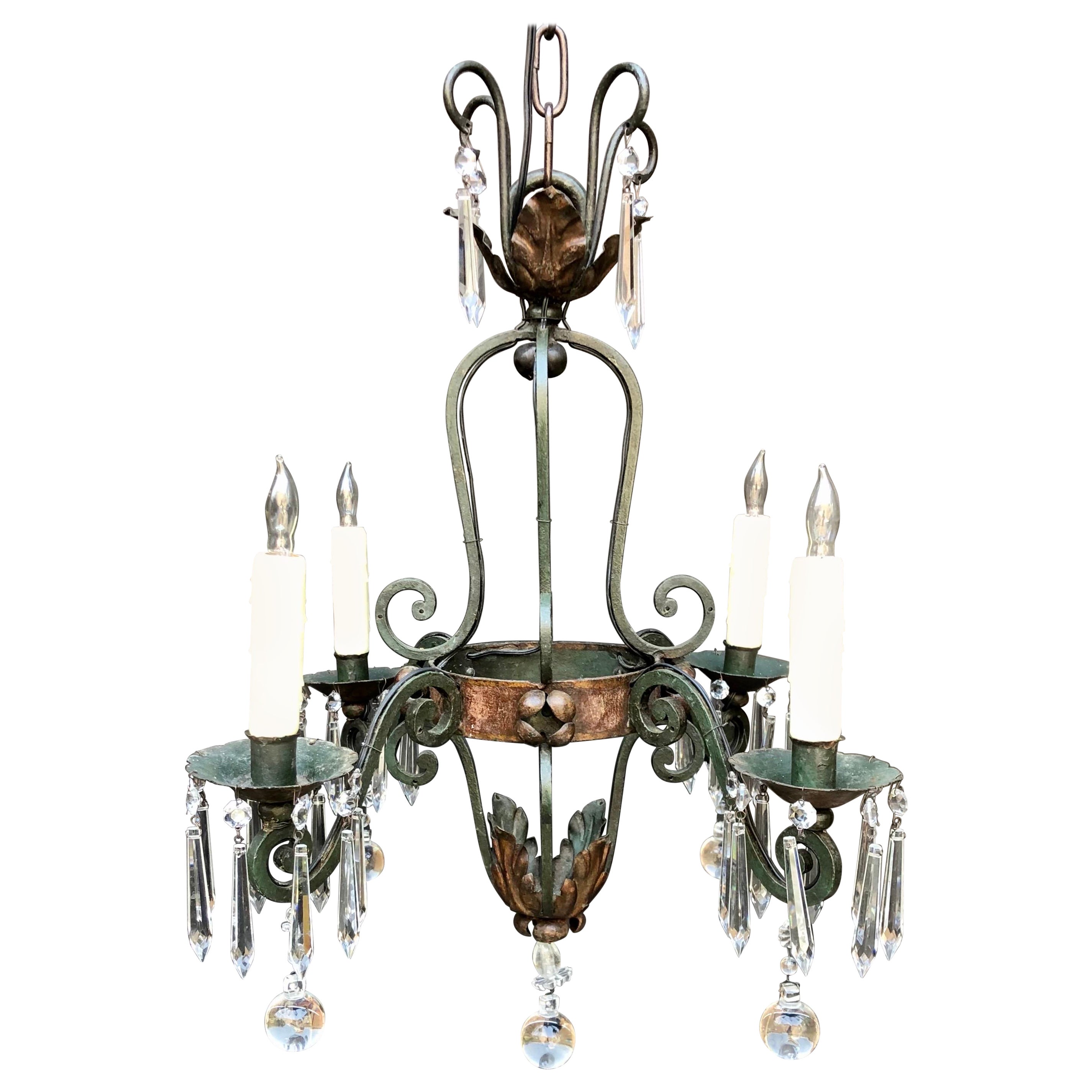 French Wrought Iron and Crystal Chandelier, Circa 1900