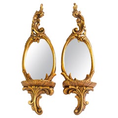 Pair of Gold Gilt Wooden Wall Mount Mirrors w/ Foliage Detail & Shelves