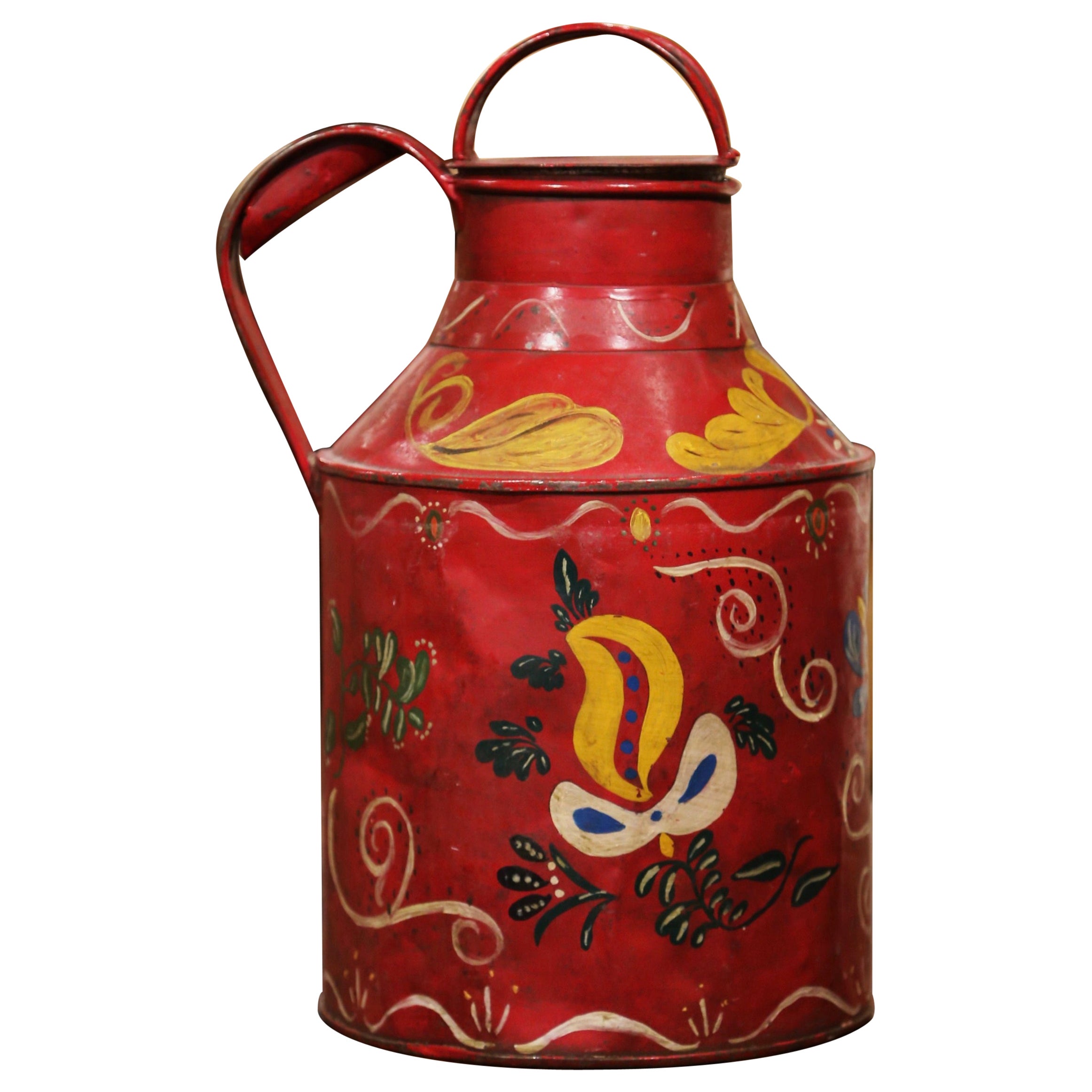 Early 20th Century French Tole Milk Can with Hand Painted Foliage Motifs