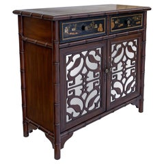 Late 20th-C. Regency Style Faux Bamboo & Chinoiserie Mirrored Cabinet or Credenz