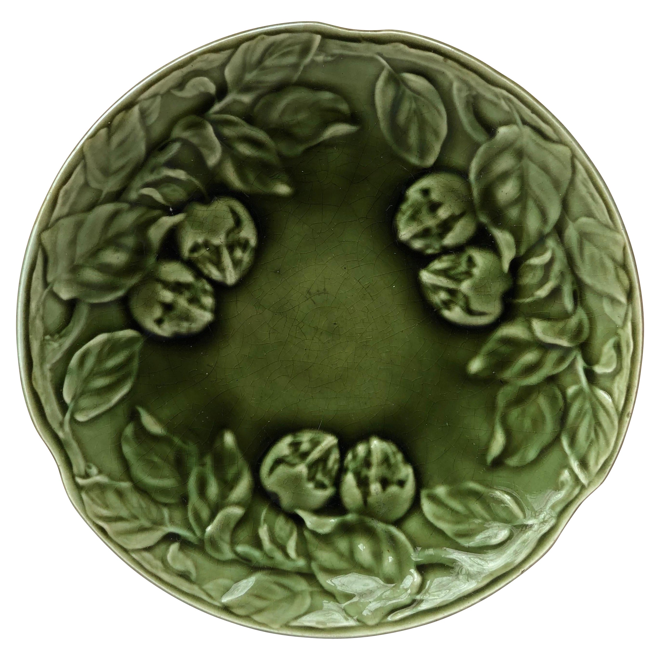 Green Majolica Plate Medlar Choisy Le Roi Circa 1890 For Sale