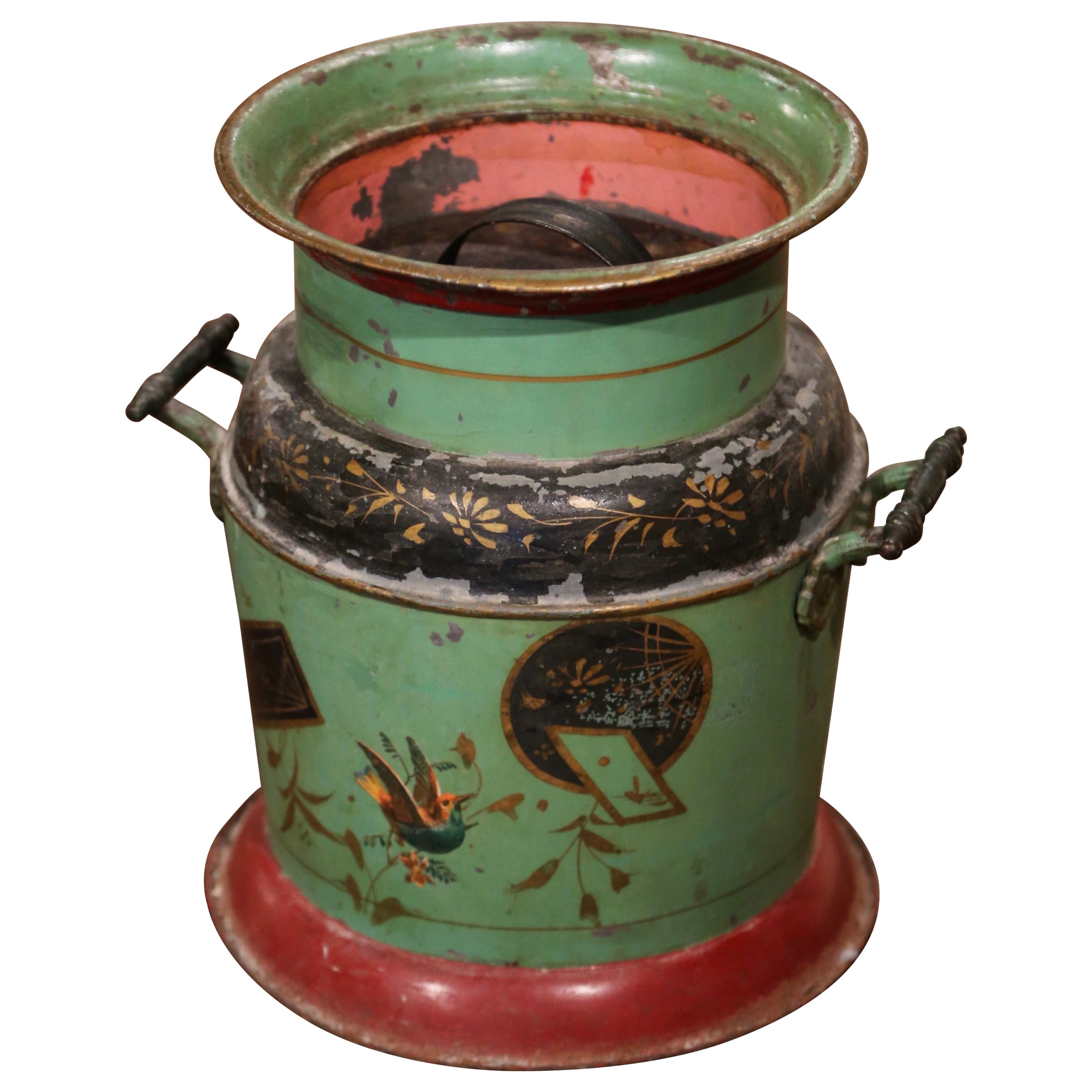 Early 20th Century French Hand Painted Tole Bucket with Lid For Sale