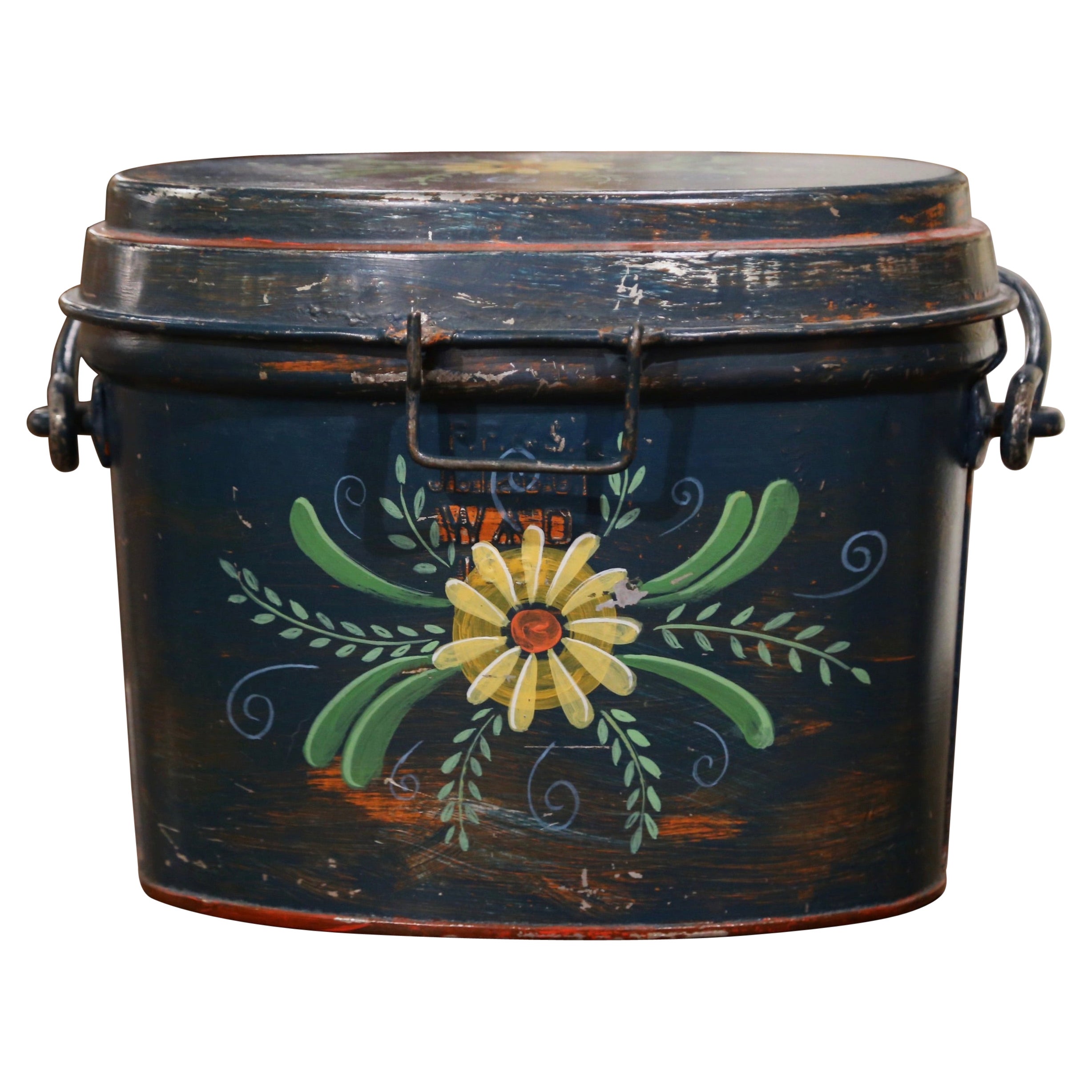 Mid-Century English Hand Painted Tole Bucket and Lid with Foliage Motifs For Sale