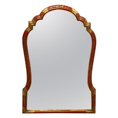 Mid Century Red Lacquer and Chinoiserie Framed Bevel Edge Mirror