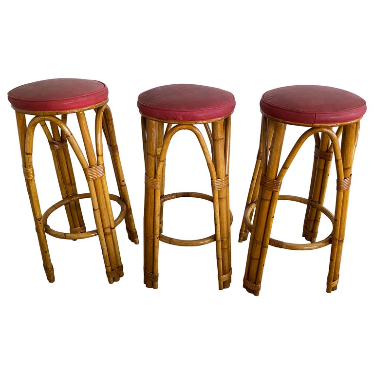 Set of 3 MidCentury Modern Bamboo Bar Stools For Sale at 1stDibs