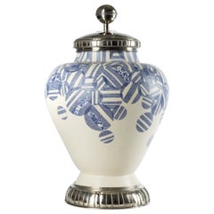 Jar Blue Circles and Flowers B Ceramic and White Metal