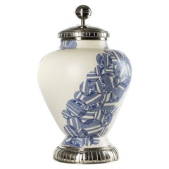 Jar Blue Circles and Flowers Ceramic and White Metal  1