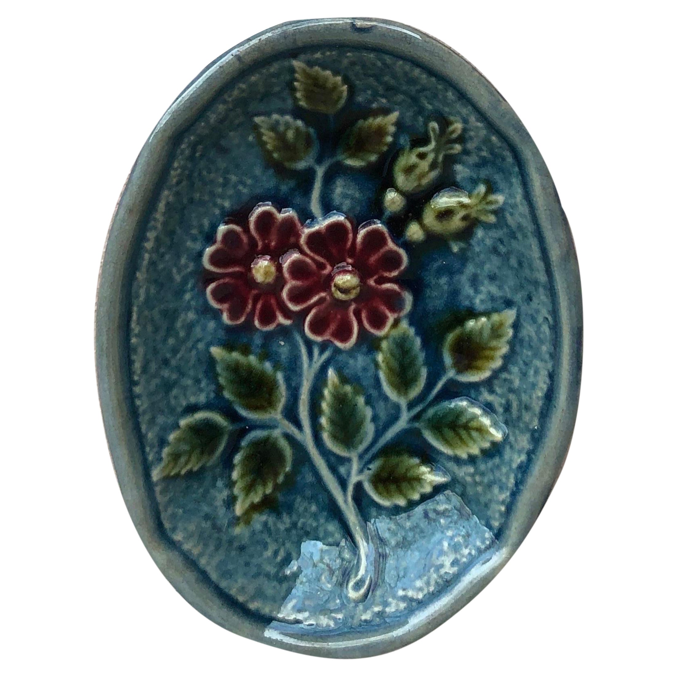 Majolica Butter Pat with Flowers, Circa 1890 For Sale