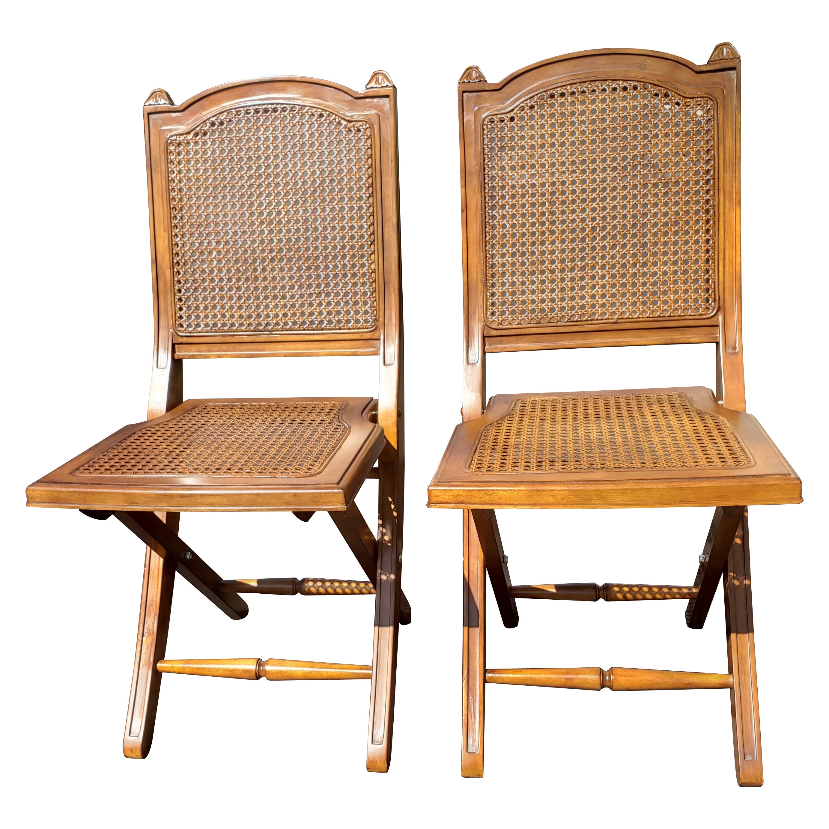 Solid Cherry and Cane Seat and Back Folding Chairs with Cushions, a Pair