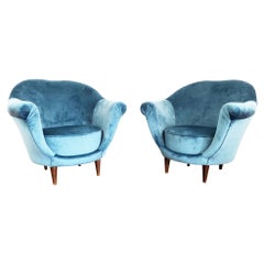 Vintage Federico Munari Pair of Armchairs in Blue Velvet from 1950s, Design