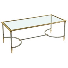 Mid-Century French Maison Jansen Steel and Brass Coffee Table with Glass Top