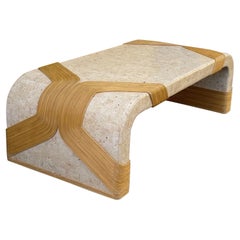 Organic Modern Tessellated Marble & Pencil Bamboo Waterfall Style Coffee Table