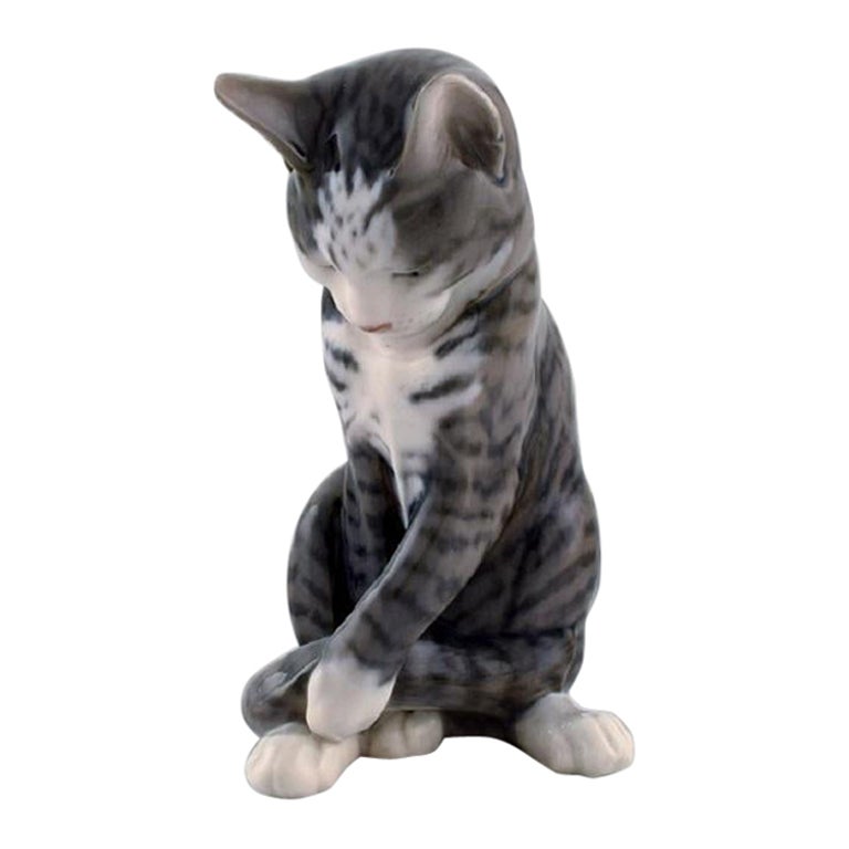 Erik Nielsen for Royal Copenhagen, Porcelain Figure, Grey-Striped Cat
