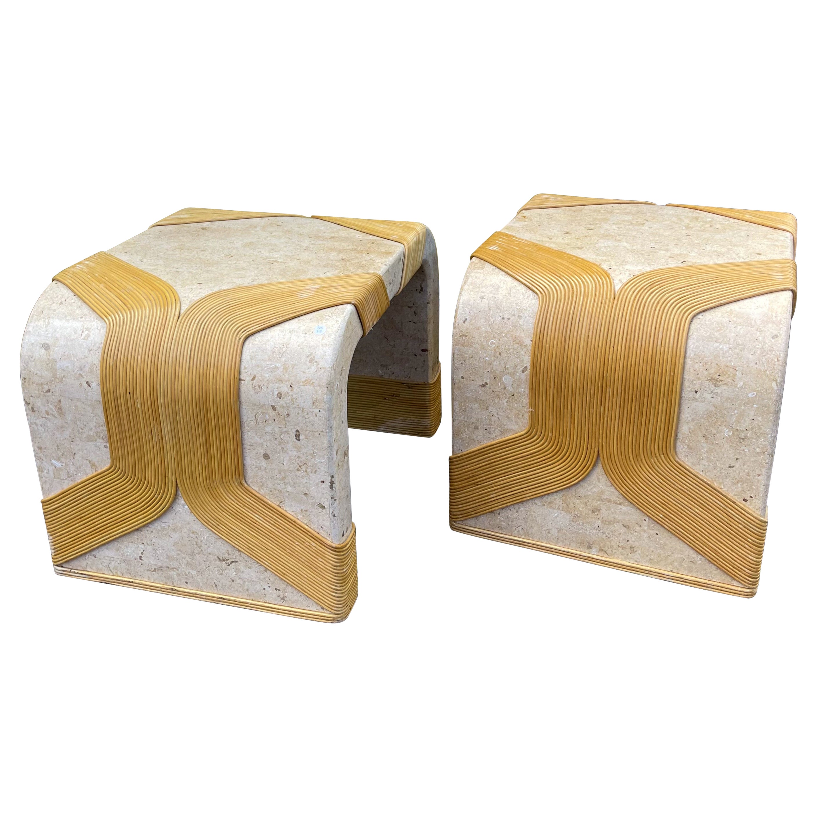 Modern Tessellated Marble & Pencil Bamboo Waterfall Style Side Tables, Pair For Sale