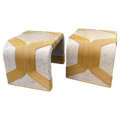 Modern Tessellated Marble & Pencil Bamboo Waterfall Style Side Tables, Pair