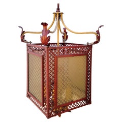 1960s Regency Style Italian Red Tole Pagoda Inspired Lantern Form Chandelier