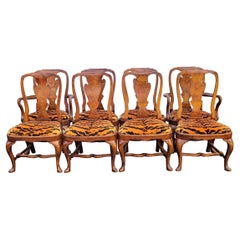 English Georgian Style Burl Walnut Dining Chairs in Vintage Tiger Velvet, S/8
