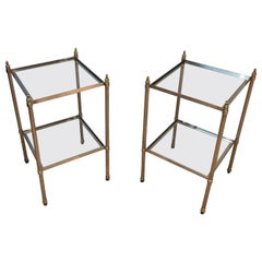 Pair of Silver Plated Side Tables with 2 Tiers and Fluted Legs, French Work Attr
