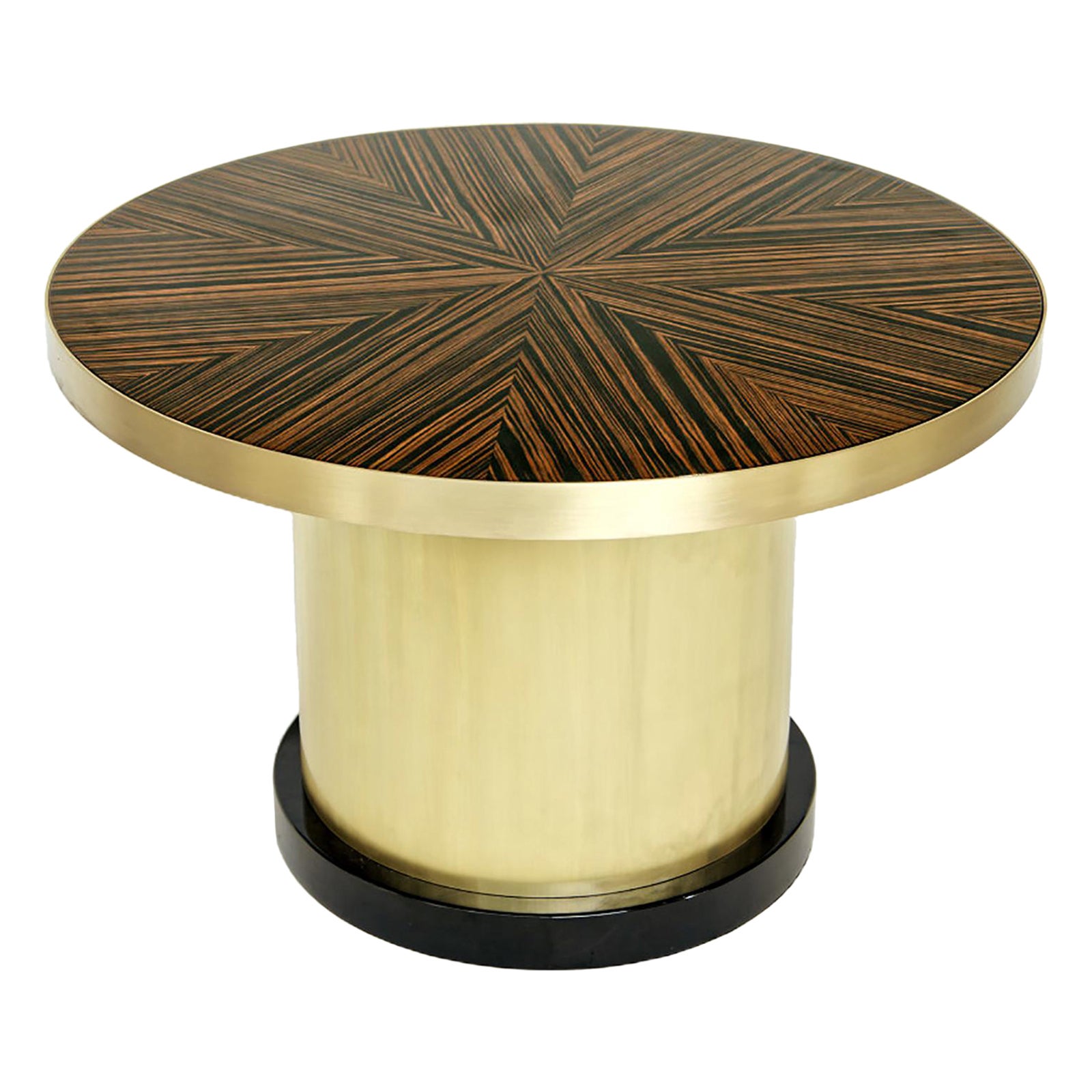 Round Coffee Cocktail Table, Brass and Makassar Top, in Art Deco Style