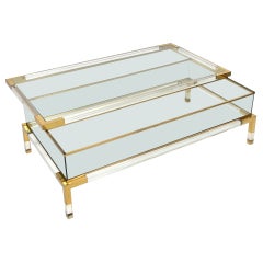 Maison Jansen Lucite, Glass & Brass French Coffee Table with Sliding Shelf 1970s
