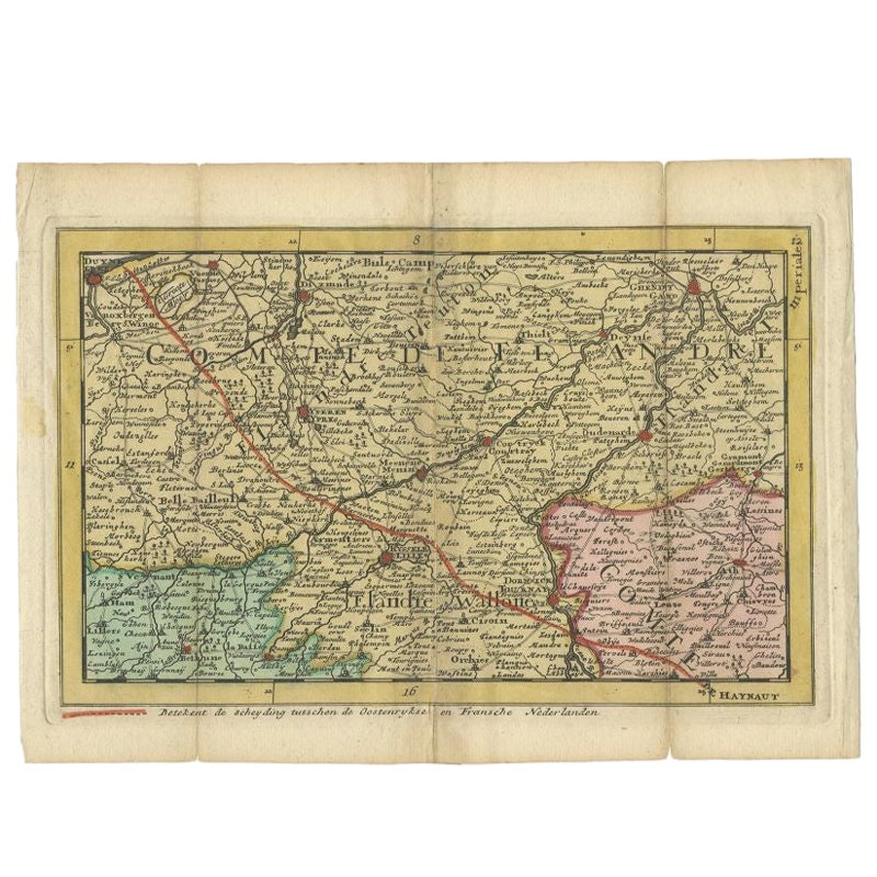 Antique Map of the Region of Flanders in Belgium, 1737 For Sale