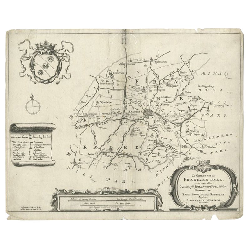 Rare Antique Map of the Region of Franekeradeel, The Netherlands 1664