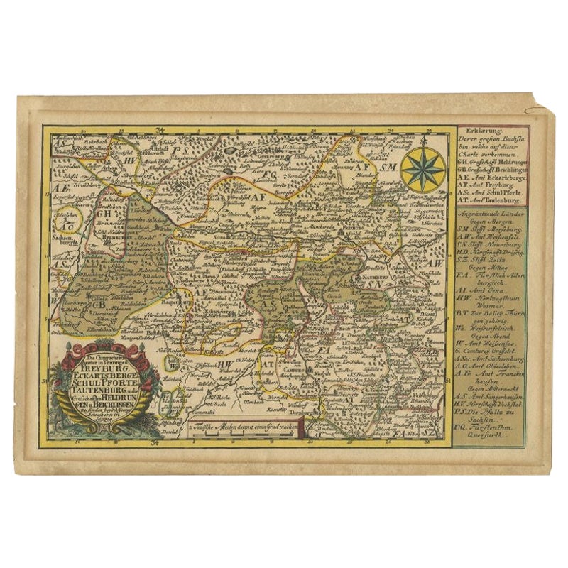 Rare carte ancienne de la région de Freyburg en Allemagne, 1749 en vente